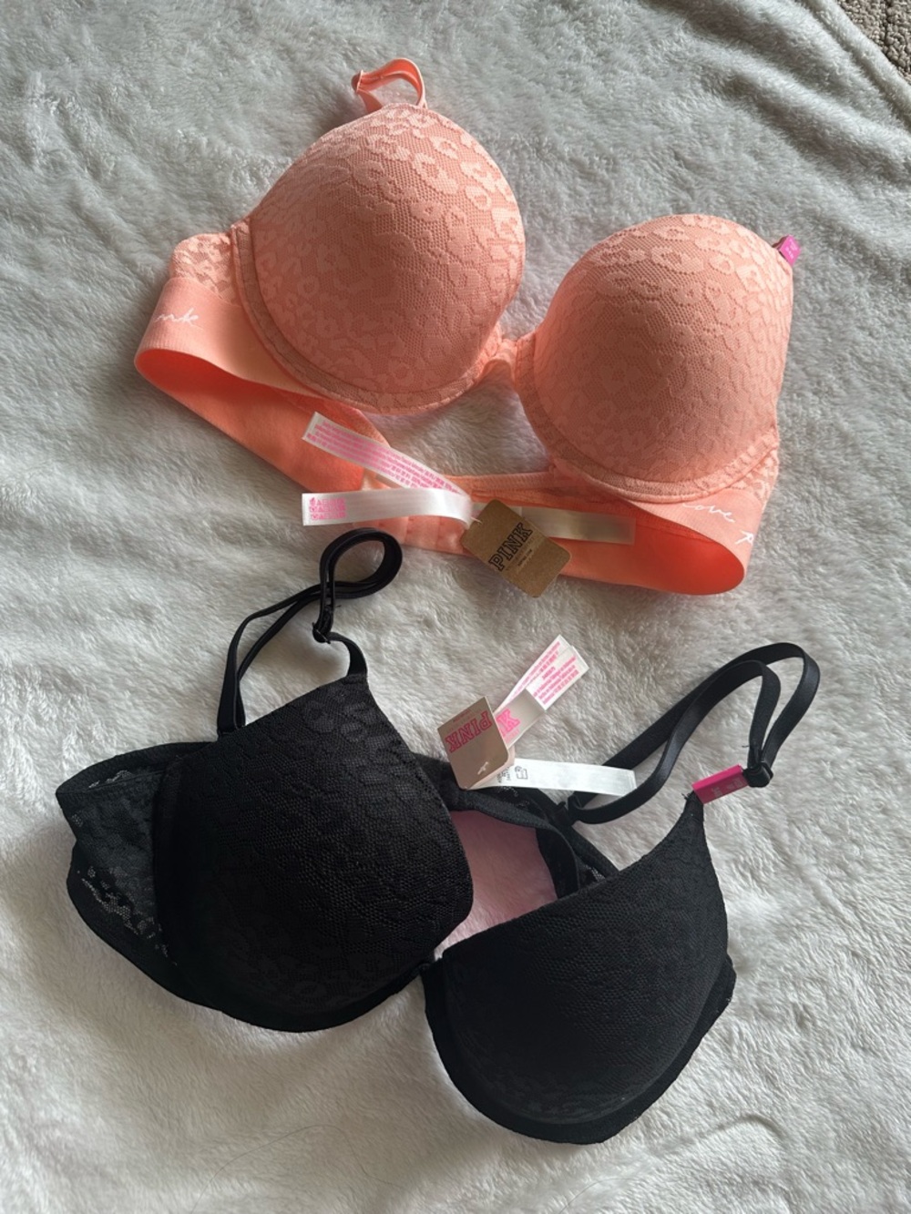 PINK Victoria's Secret Lace Push-Up Bra Set in Peach and Black